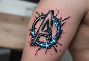 An Avengers logo with Thor’s hammer breaking through it, sending cracks along the symbol, in a black-and-grey base with glowing blue highlights. tattoo idea