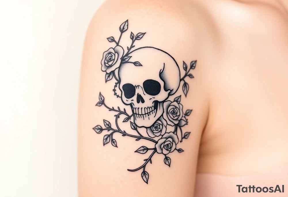 gothic skull intertwined with climbing roses and thorny vines tattoo idea