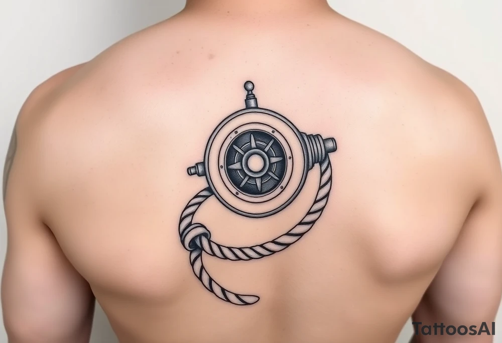 A sailboat winch located on forearm with a rope wrapped around it that leads to the wrist and the rope wraps around the wrist tattoo idea