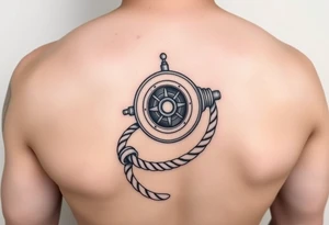 A sailboat winch located on forearm with a rope wrapped around it that leads to the wrist and the rope wraps around the wrist tattoo idea