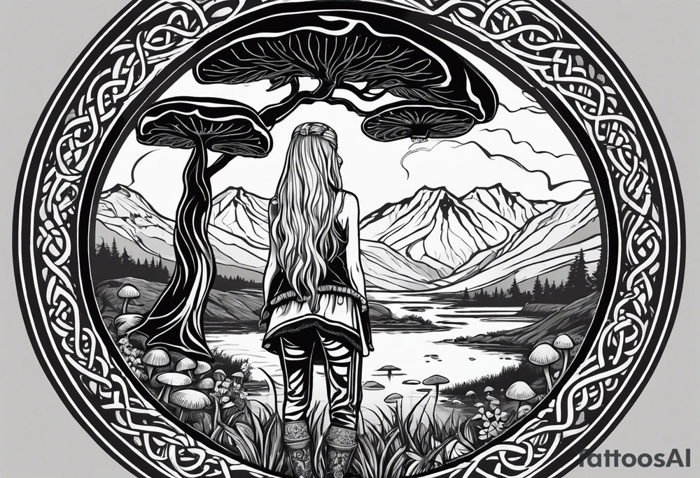 Whole picture encircled fully

Straight long blonde hair hippie girl in distance holding mushrooms in hand facing away toward mountains and creek surrounded by mushrooms long sleeve shirt and hiking pants; whole rendering within a full celtic circle border, no cut off circle tattoo idea