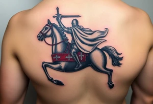 A mounted Templar knight charging into battle, his white cape billowing behind him, sword raised high, and his warhorse adorned with a red and white caparison tattoo idea