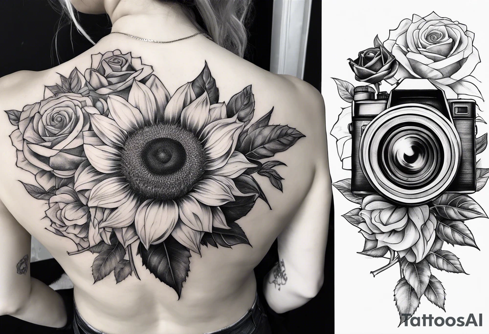 sunflower, camera, flower rose , book tattoo idea