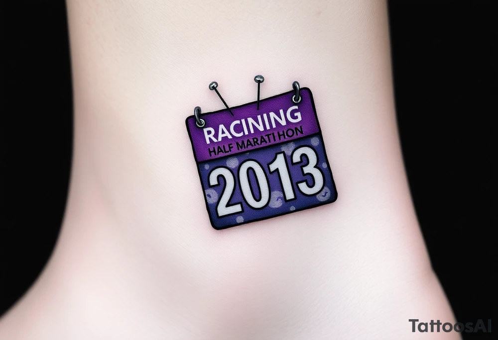 Racing half marathon bib 2013 purple and gold running safety pins piercing the skin running tattoo idea