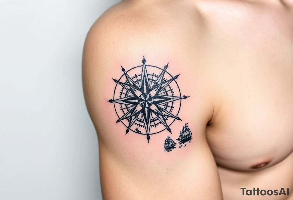 antique compass rose overlaid on weathered world map with sailing ships tattoo idea