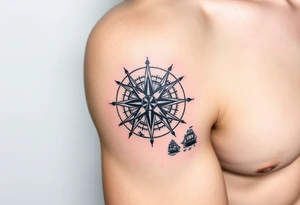 antique compass rose overlaid on weathered world map with sailing ships tattoo idea