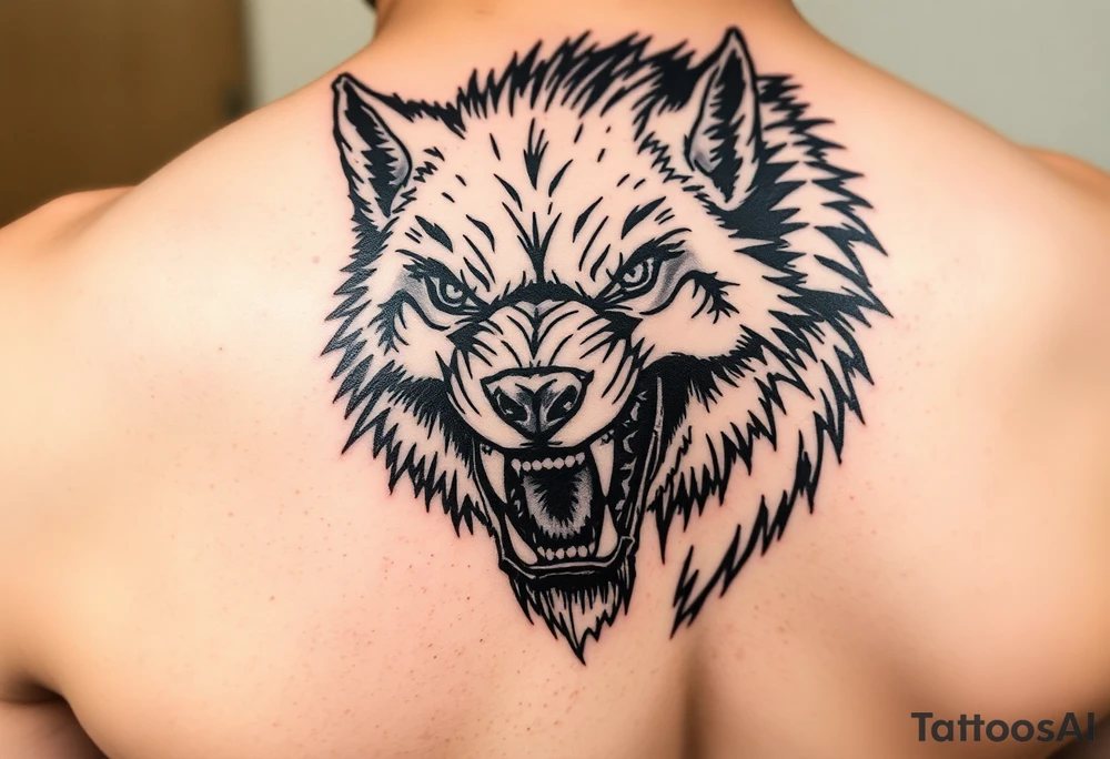 Close-up portrait of a snarling werewolf, sharp teeth bared, glowing eyes. tattoo idea