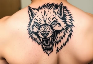 Close-up portrait of a snarling werewolf, sharp teeth bared, glowing eyes. tattoo idea