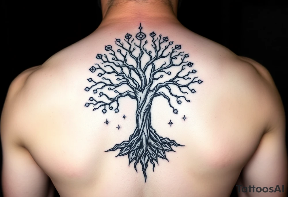 mystical tree of life with cosmic roots and celestial branches tattoo idea