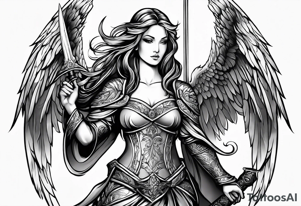 Female angel with sword and beauty dominance tattoo idea