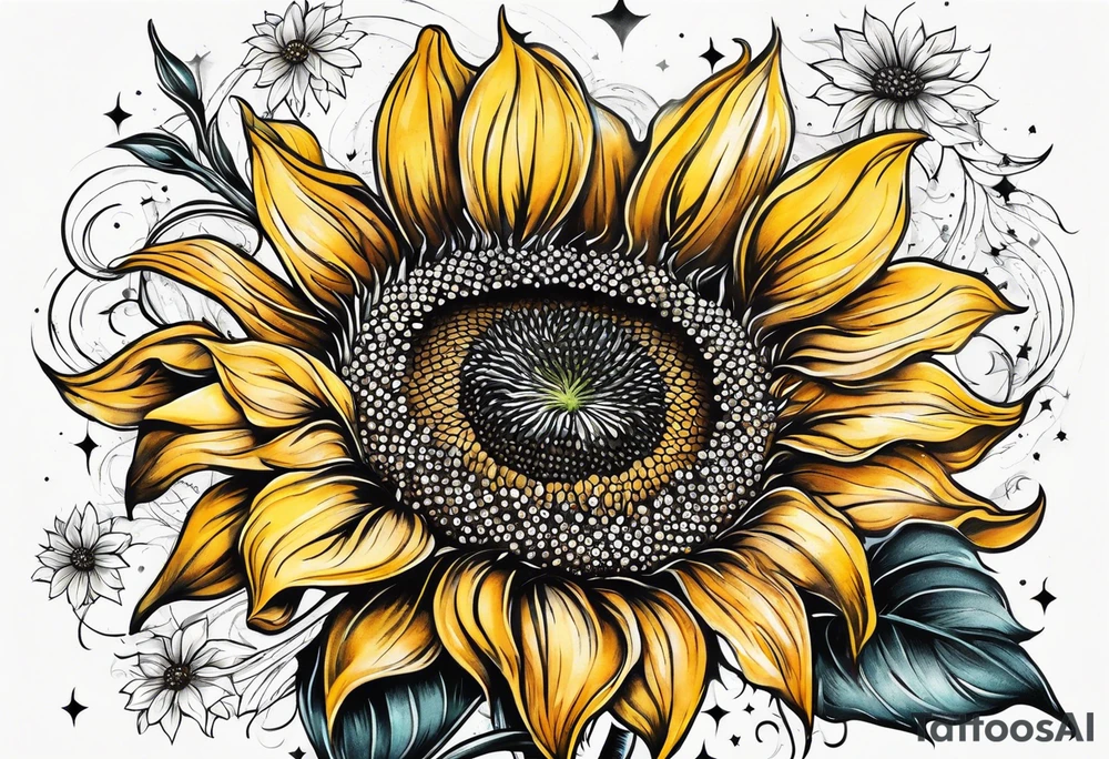 elegant tattoo with sunflower surrounded by circle of little stars and arrow tattoo idea