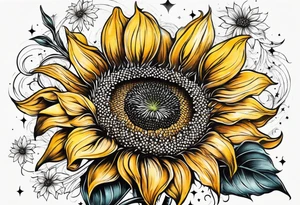 elegant tattoo with sunflower surrounded by circle of little stars and arrow tattoo idea