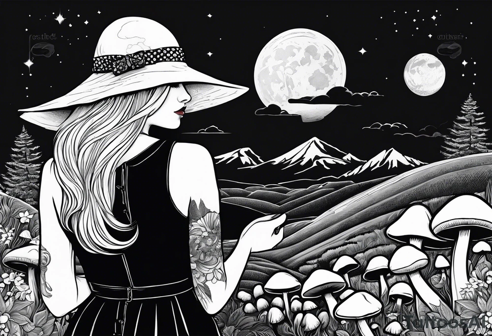 Straight blonde hair girl facing away toward mountains surrounded by mushrooms crescent moon circular design black dress mushroom hat tattoo idea