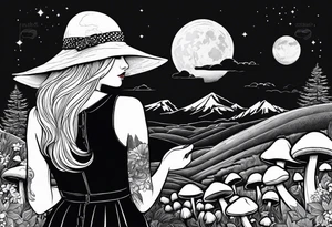 Straight blonde hair girl facing away toward mountains surrounded by mushrooms crescent moon circular design black dress mushroom hat tattoo idea