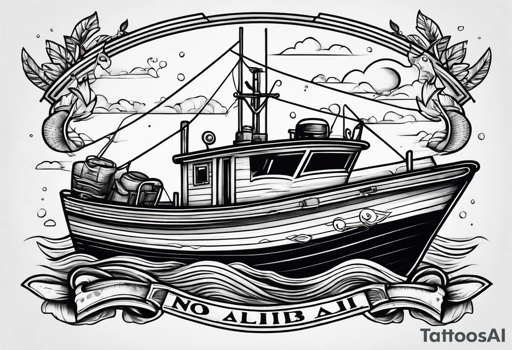 The words No alibi on the back of a fishing boat tattoo idea