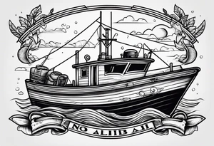 The words No alibi on the back of a fishing boat tattoo idea
