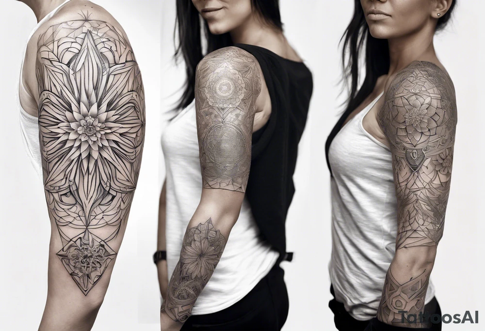 Sleeve tattoo on a woman's arm. Phoenix and mandala gold Flower and mandala Metatron's cube sacred geometry tattoo idea