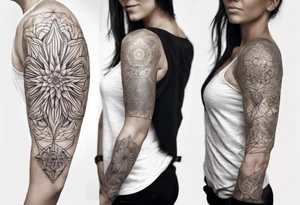 Sleeve tattoo on a woman's arm. Phoenix  and mandala gold Flower and mandala Metatron's cube sacred geometry tattoo idea
