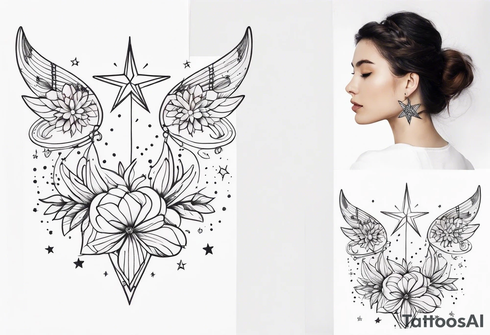 fine line with stars, floral, dots. Sternum tattoo tattoo idea