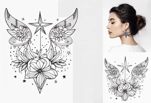 fine line with stars, floral, dots. Sternum tattoo tattoo idea