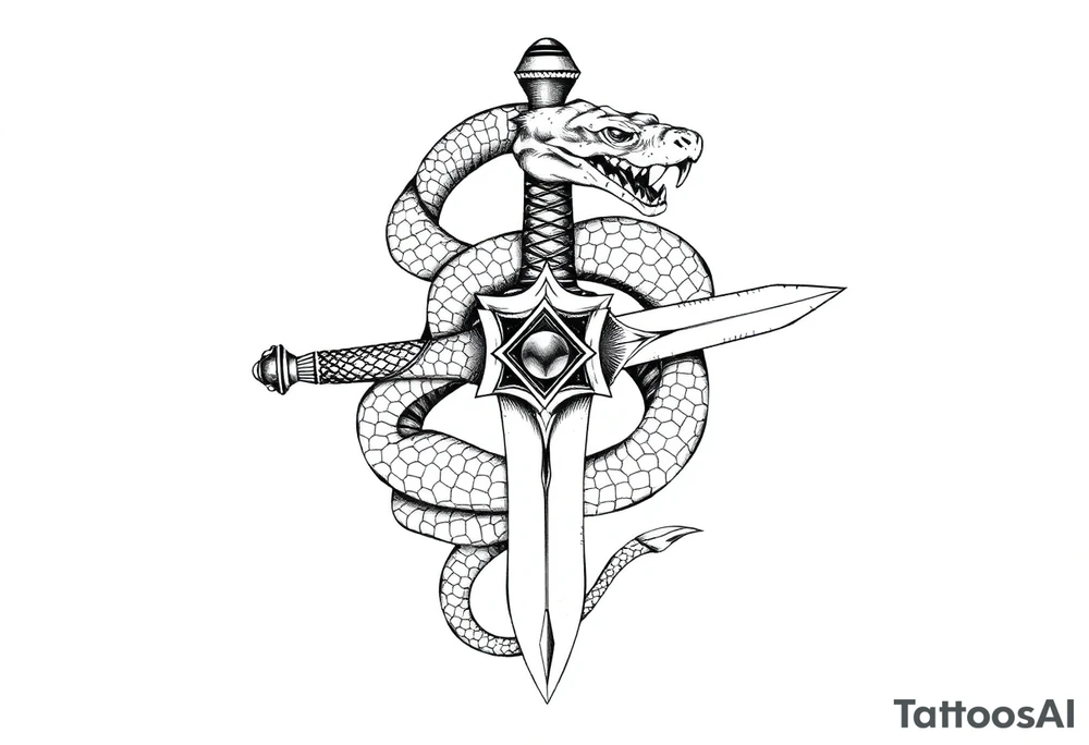 mystical snake coiled around an ancient dagger with jeweled hilt tattoo idea