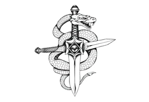 mystical snake coiled around an ancient dagger with jeweled hilt tattoo idea