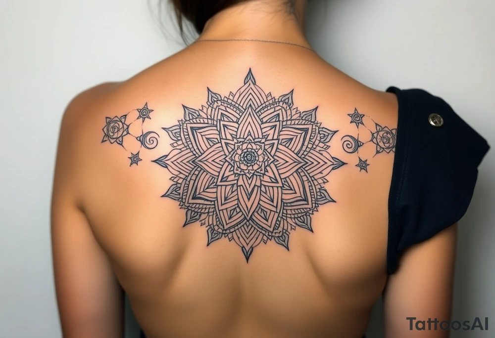 intricate mandala with sacred geometry and cosmic elements tattoo idea