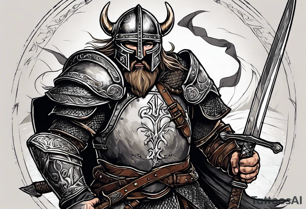 A Christian viking in armor except the helmet on the brink of death pierced with arrows propping himself up with his sword on a seemingly bleak battlefield while still looking up with hope tattoo idea