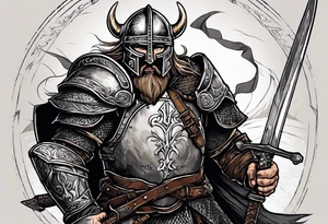 A Christian viking in armor except the helmet on the brink of death pierced with arrows propping himself up with his sword on a seemingly bleak battlefield while still looking up with hope tattoo idea