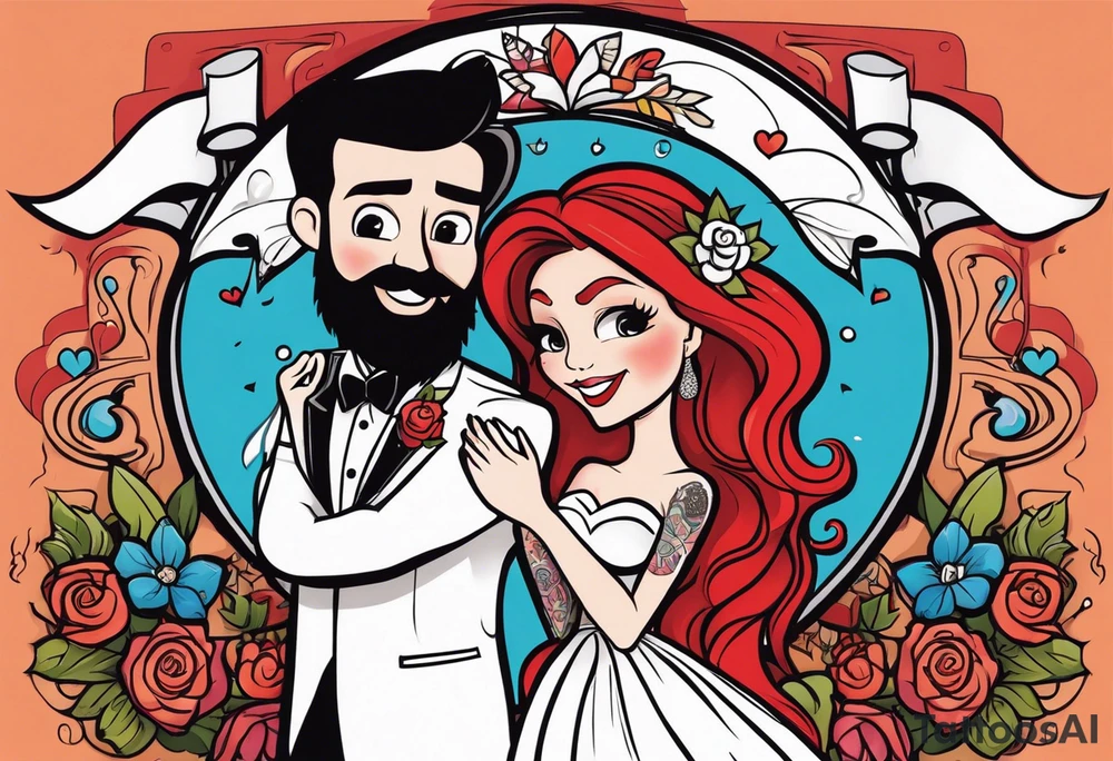 Busty red haired woman with a bearded man who has black hair getting married tattoo idea
