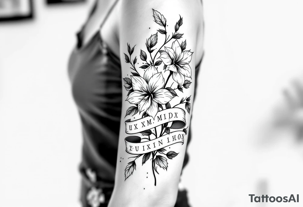 narcissus flowers and holly with 2 bands with roman numerals around them tattoo idea