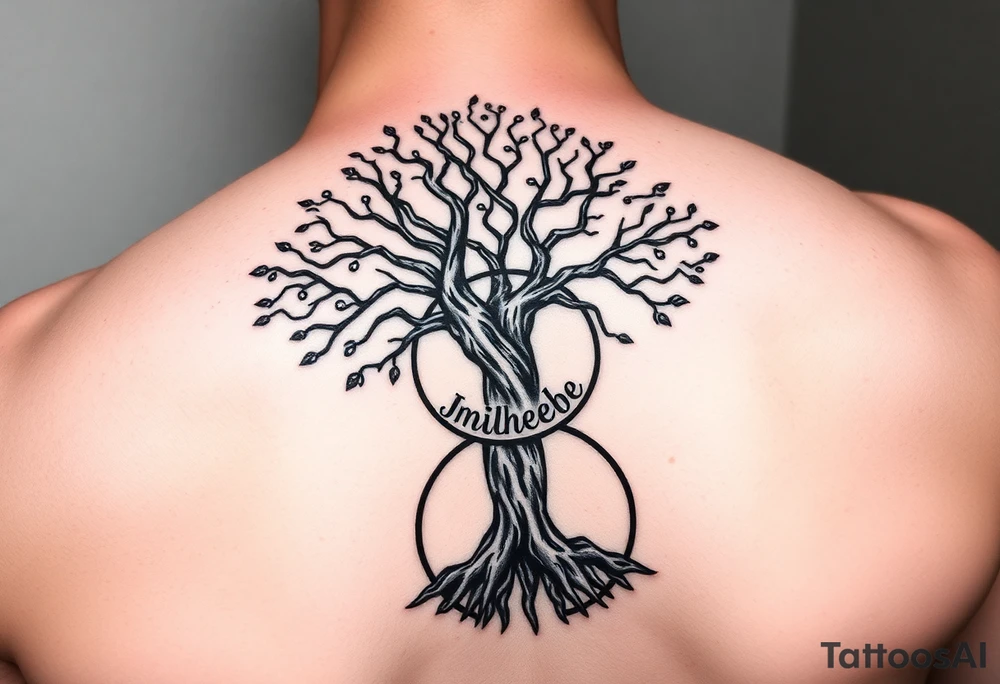tree of life with circle. names Jai , Phoebe, Imogen, Matilda in the circle tattoo idea