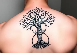 tree of life with circle. names Jai , Phoebe, Imogen, Matilda in the circle tattoo idea