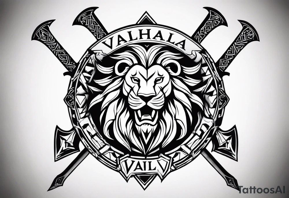 Valhalla sword shield lion 
 axe Valknut tattoo idea