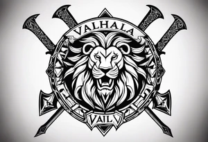 Valhalla sword shield lion 
 axe Valknut tattoo idea