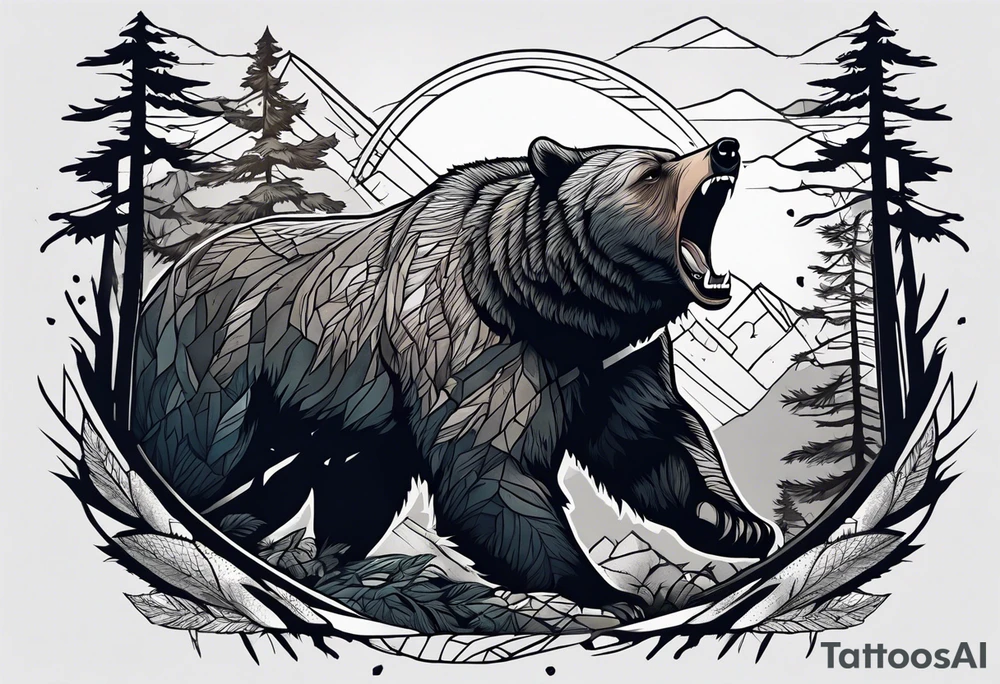 Hunter in the woods being attacked by a bear tattoo idea