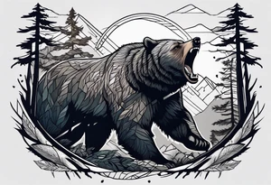 Hunter in the woods being attacked by a bear tattoo idea