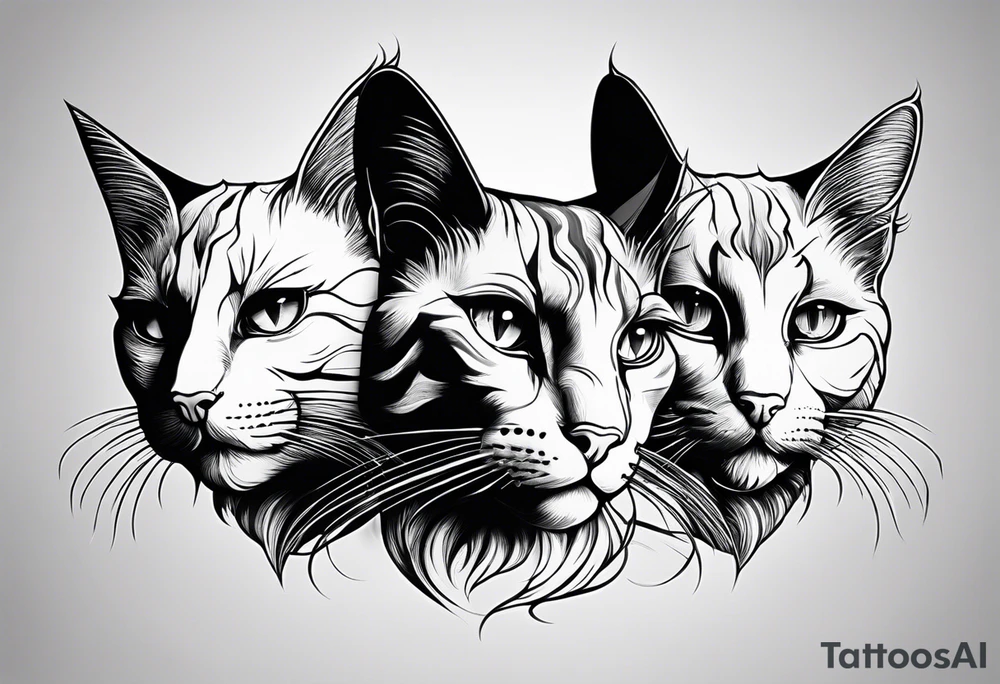 three cat heads next to next with first ones hands on its eyes next ones hands on its mouth and next ones hands on its ears tattoo idea