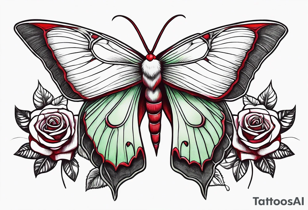 Luna moth three red roses tattoo idea