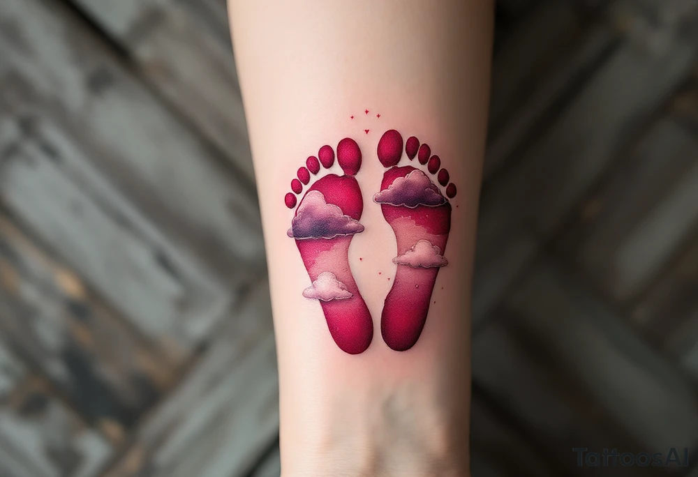 Deep red and pink footprints of little Viktor, with soft clouds floating nearby to symbolize his dreamy personality. tattoo idea