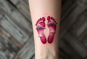Deep red and pink footprints of little Viktor, with soft clouds floating nearby to symbolize his dreamy personality. tattoo idea