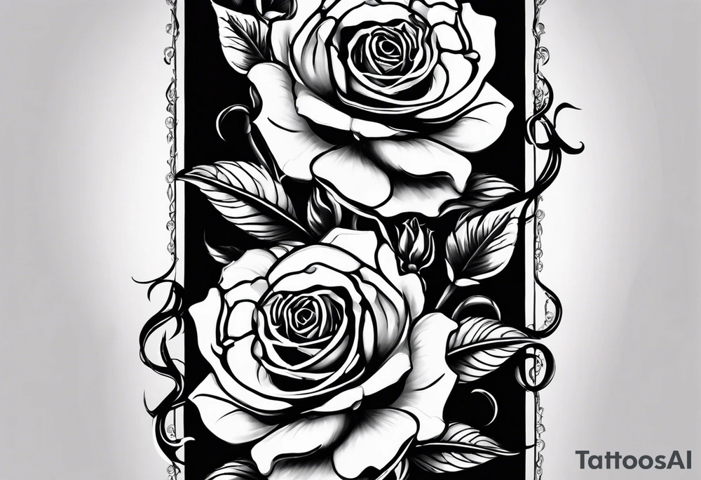 long vertical tattoo to cover my whole shin showing two seperate rose stems wrapped around each other, one stem should have thorns and one should be thornless I want a long stem to shower them intertwined tattoo idea
