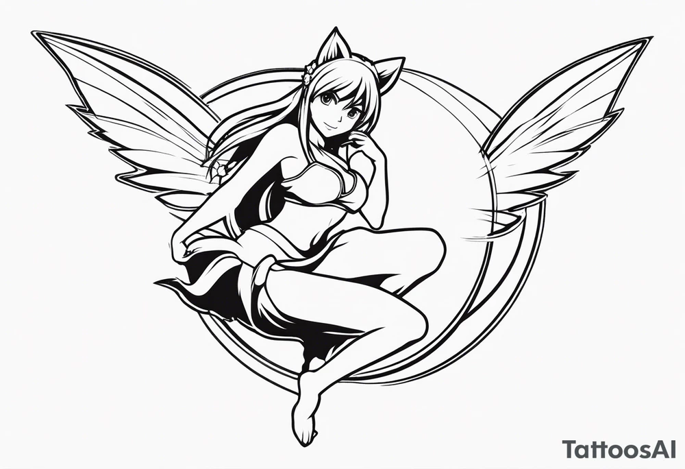 No color fairy with a tail inspired by the logo of the anime show called Fairy Tail in a fetal position leaning in and forward in the air flying tattoo idea