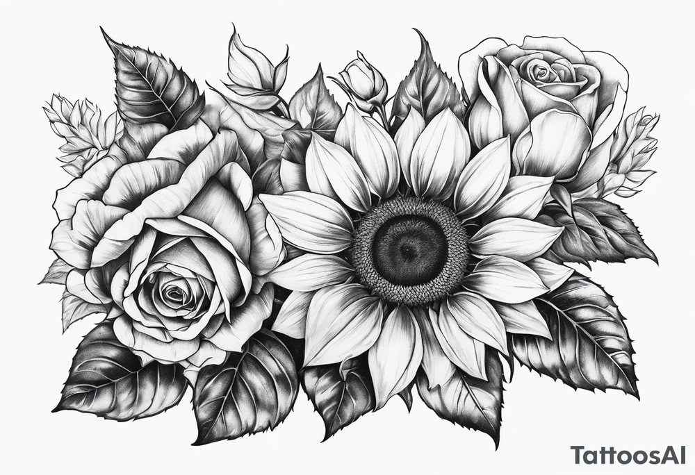 Sunflower, rose flower tattoo idea