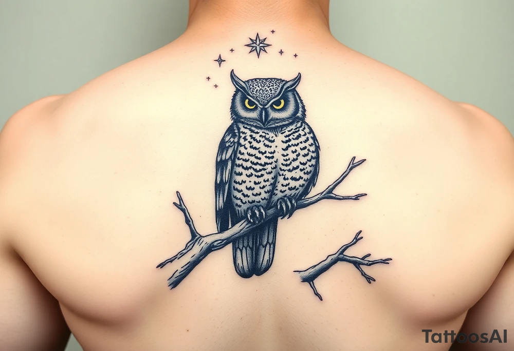 wise owl perched on ancient oak branch under starlit sky tattoo idea