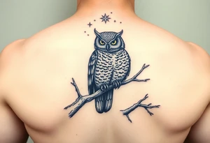 wise owl perched on ancient oak branch under starlit sky tattoo idea