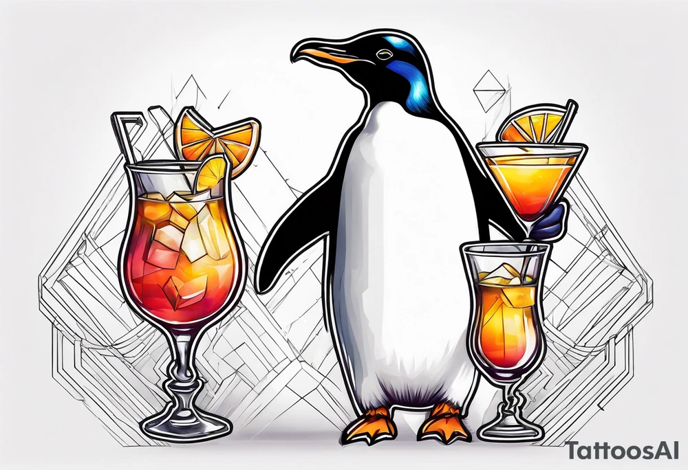 fun, penguin holding cocktails tattoo idea