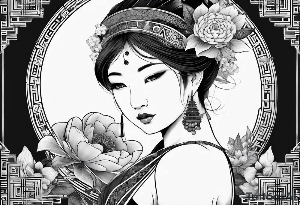 Very asymmetrical, +geometric pattern, with realistic full moon, with handsome hippo, +zen feel, + Buddhism touch, +tribal, +geometric, +inkart 
with wintersweet flower bud, +portrait orientation, +inkart touch, tattoo idea