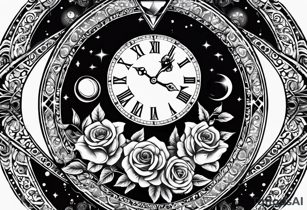 I want a design to print on t-shirts. The design is an hourglass with a wristwatch in the middle with Amazigh numbers, and this watch is surrounded by planets and Ashulk roses. tattoo idea