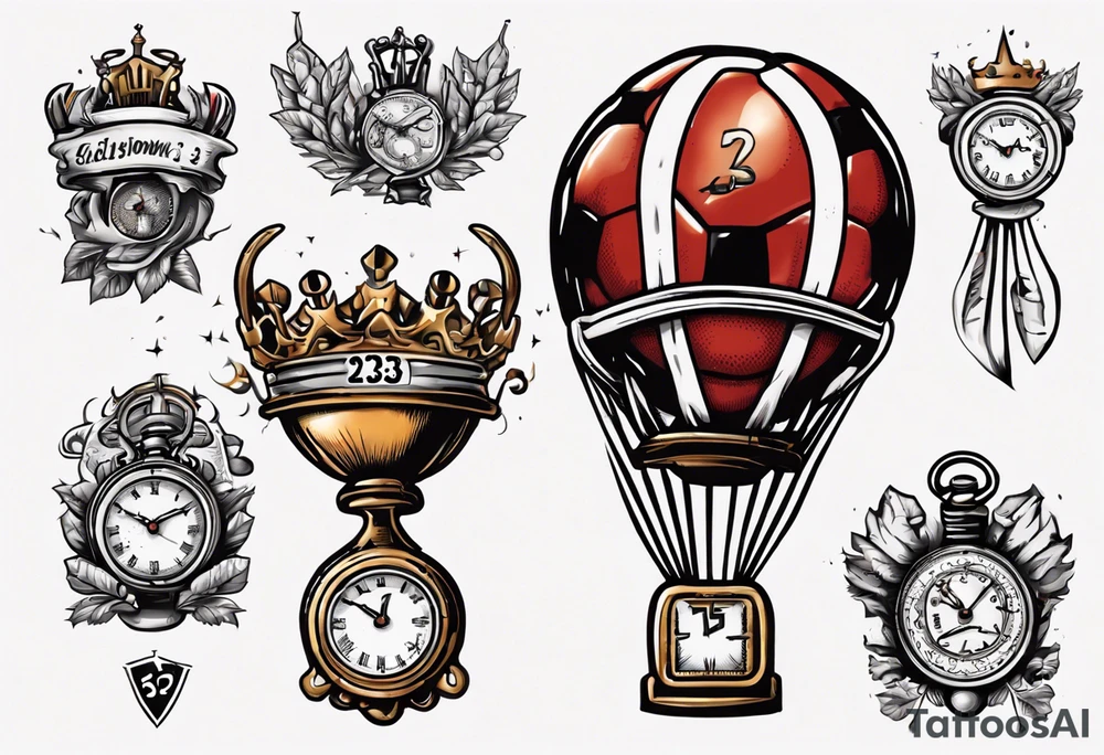 Ballon de football avec le numéro23 ,  une horloge avec une couronne,  le tout avec au fond un taureau tattoo idea